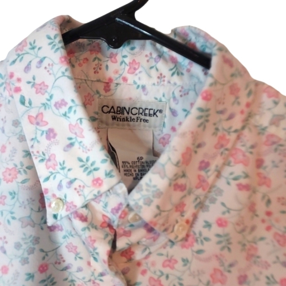 Cabin Creek Wrinkle Free floral detail LS button down shirt Sz 6P S M - Picture 4 of 8